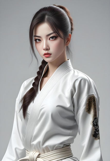 Belle femme asiatique en kimono blanc sur fond gris