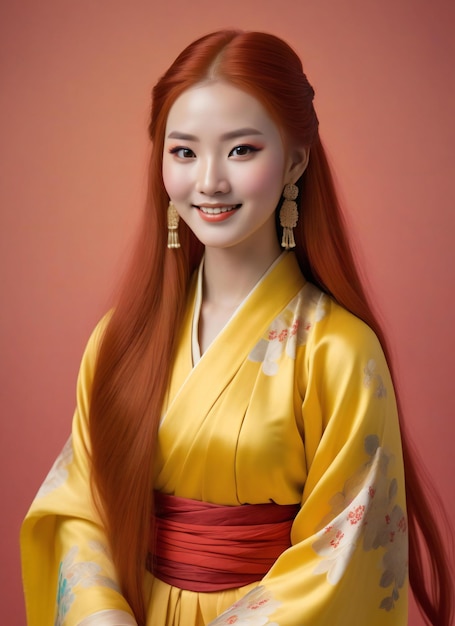 Photo une belle femme asiatique en kimono avec des cheveux roux