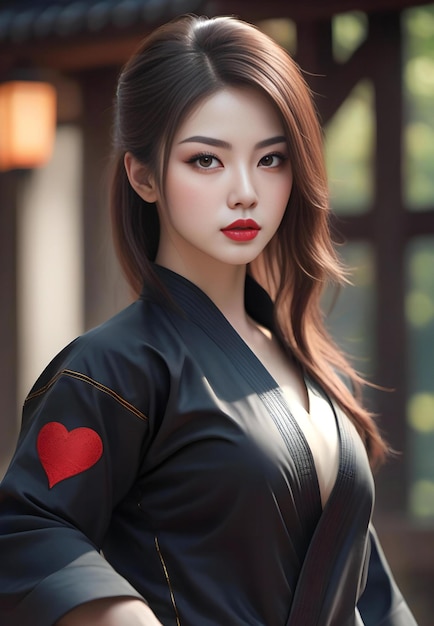 Belle femme asiatique en kimono japonais avec coeur rouge