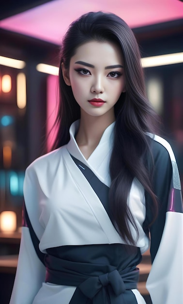 Belle femme asiatique en kimono japonais noir