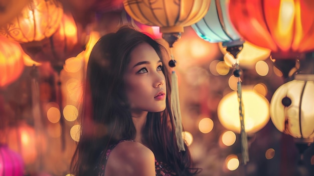 Une belle femme asiatique avec des lanternes chinoises en arrière-plan