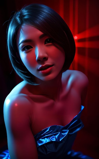 Belle femme asiatique avec une lumière mixte bleu et rouge IA générative