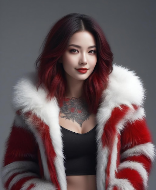 Une belle femme asiatique en manteau de fourrure rouge avec un tatouage sur le bras.