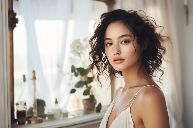 Belle femme asiatique avec une peau propre et fraîche prenant soin de la peau du visage et du corps dans la salle de bain Illustration générative de l'IA