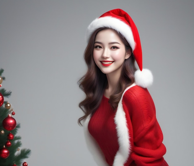 Une belle femme asiatique portant un costume de Noël du Père Noël