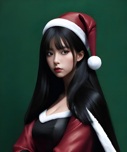 Une belle femme asiatique portant un costume de Noël du Père Noël