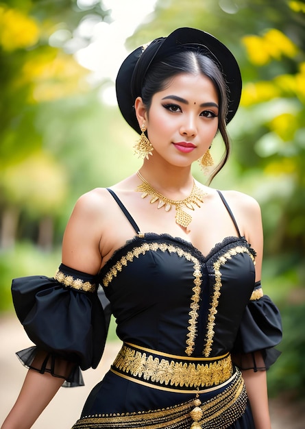 Une belle femme asiatique portant une robe traditionnelle thaïlandaise et un chapeau noir