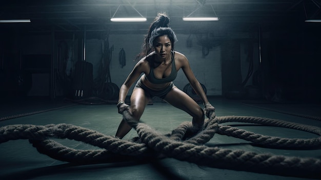 belle femme asiatique et salle de sport faisant des cordes de combat