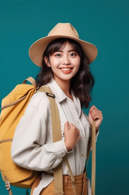 belle femme asiatique souriante et joyeuse en tissu décontracté et chapeau de paille avec sac à dos