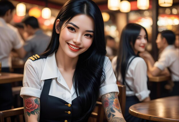 Belle femme asiatique avec un tatouage assise dans un café et souriante