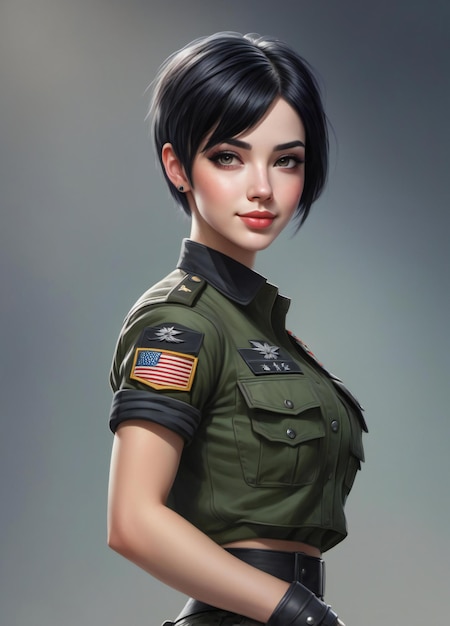 Une belle femme asiatique en uniforme militaire avec un drapeau américain sur son épaule.