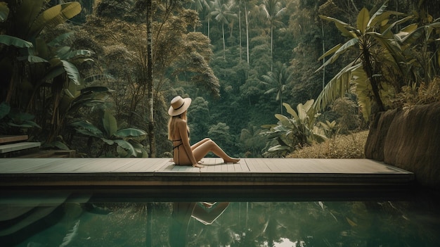 Belle femme assise au bord de la piscine en bikini AI générative jeune femme avec un corps attrayant reposant sur le bord de la piscine en bois contre le paysage tropical de Bali