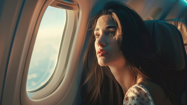 Une belle femme assise dans l'avion et regardant dehors par la fenêtre