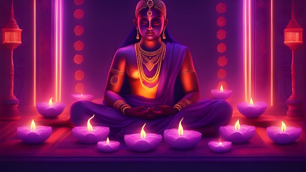 Photo belle femme assise dans une position du lotus sur fond de bougies rougeoyantes