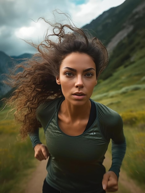 Une belle femme athlétique court dans une région montagneuse