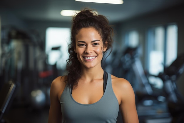 Belle femme athlétique souriante entraîneur de fitness dans la salle de gym musculation sportive s'entraîner