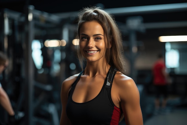 Belle femme athlétique souriante entraîneur de fitness dans la salle de gym musculation sportive s'entraîner