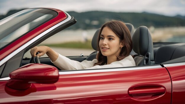 Photo une belle femme au volant d'une cabriolet rouge.