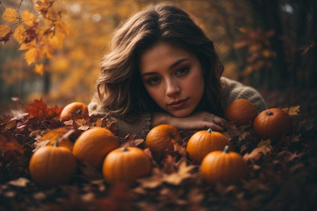 Belle femme d'automne avec des feuilles d'automne sur fond de nature d'automne Bonjour atmosphère extérieure d'automne