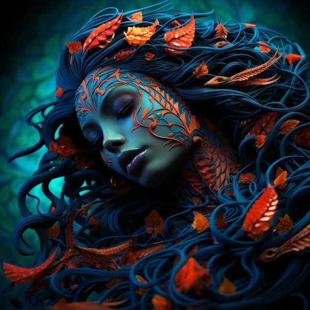 une belle femme aux cheveux bleus et des feuilles sur la tête