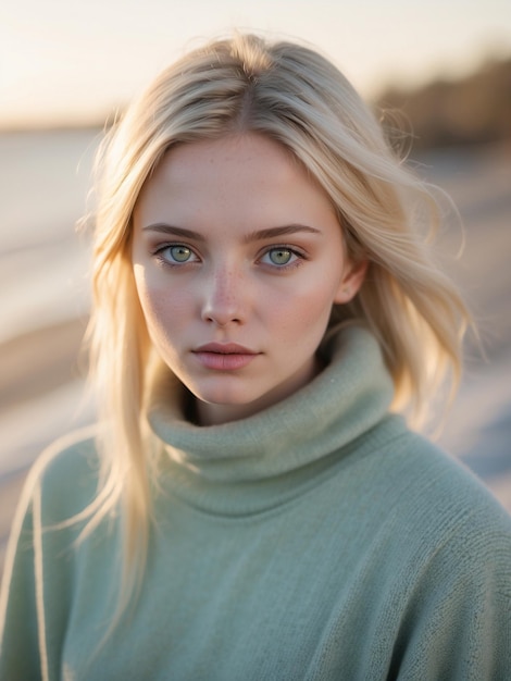 Belle femme aux cheveux blonds droits, yeux bleus clairs, peau inégale, apparence distinctive, non conventionnelle et vulnérable.