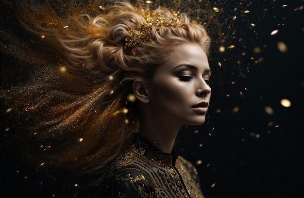 belle femme aux cheveux blonds sur fond noir avec des particules dorées
