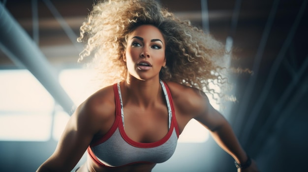 Photo une belle femme aux cheveux bouclés qui court sur un tapis roulant.