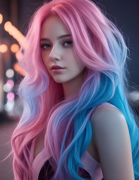 belle femme aux cheveux brillants fond de couleur bleu rose dans l'éclairage de la ville sombre AI généré