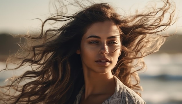 Belle femme aux cheveux flottants sur la plage