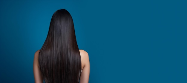 belle femme aux cheveux longs à l'arrière vue sur fond bleu IA générative