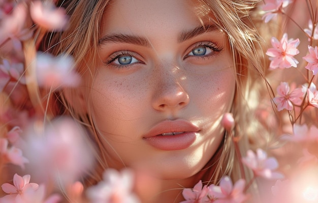 Une belle femme aux cheveux longs avec des fleurs roses