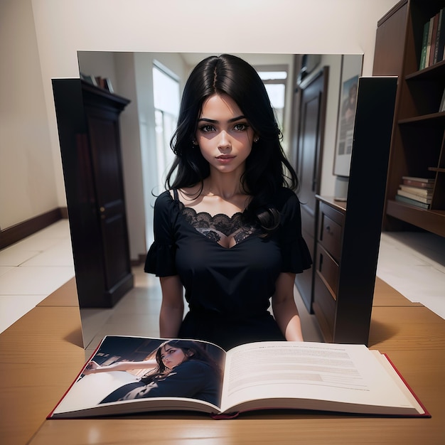 une belle femme aux cheveux noirs lisant un livre seule dans une pièce
