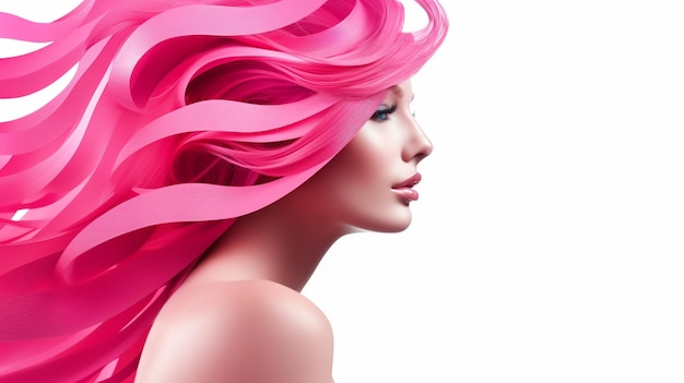 Belle femme aux cheveux roses sur fond blanc rendu en 3D