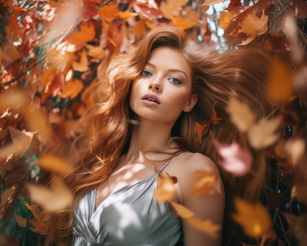 belle femme aux cheveux rouges dans les feuilles d'automne