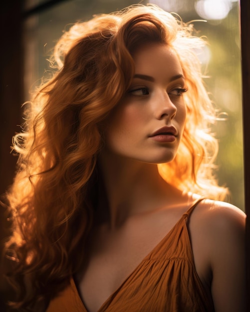 une belle femme aux cheveux rouges posant devant une fenêtre