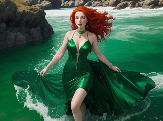 Photo belle femme aux cheveux roux et maxi vert et se tenir sur le côté de l'eau verte le désert