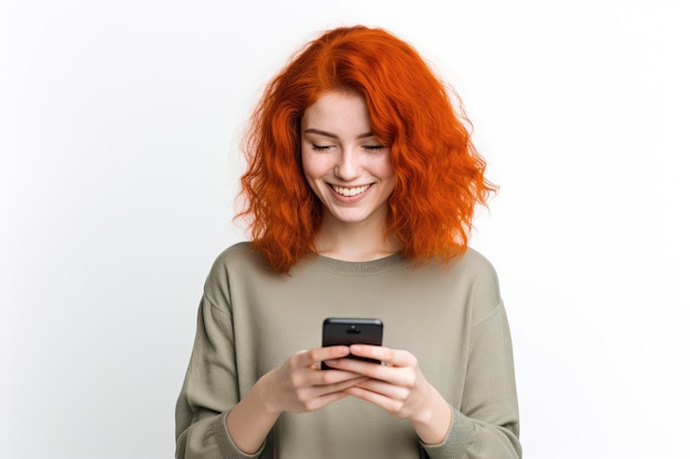 Une belle femme aux cheveux roux souriante utilise un téléphone portable sur un fond blanc