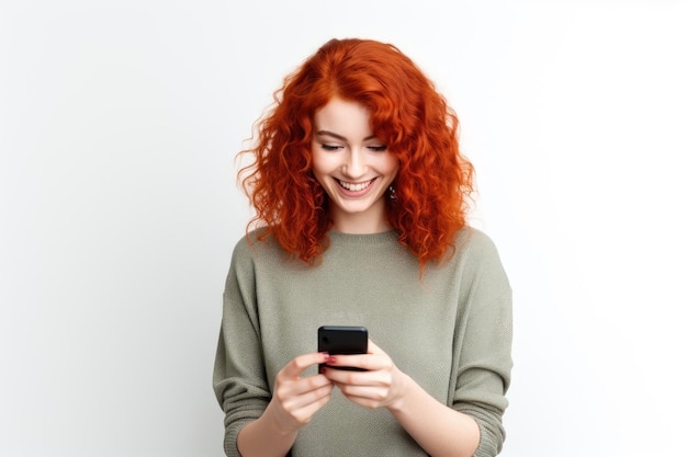 Une belle femme aux cheveux roux souriante utilise un téléphone portable sur un fond blanc