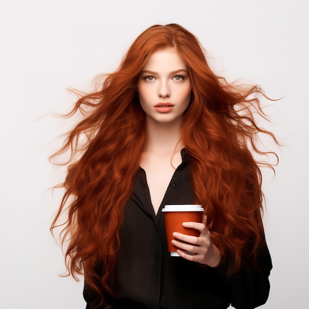 belle femme aux cheveux roux tenant une tasse de café