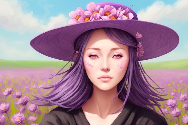 Belle femme aux cheveux violets et au chapeau sur fond floral