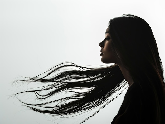 Une belle femme aux longs cheveux noirs dans le studio du vent