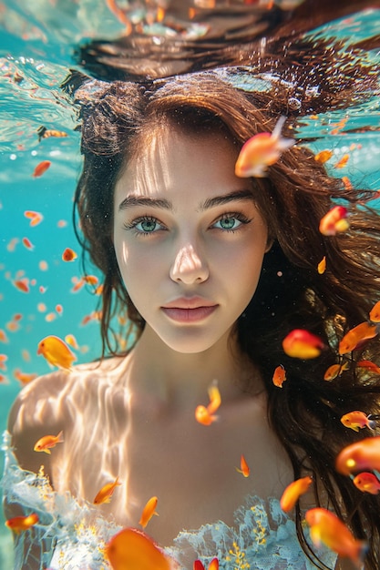 Photo une belle femme aux longs cheveux noirs nageant dans la mer rouge avec des poissons et des coraux colorés.