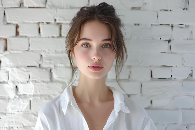 Belle femme aux yeux bleus en chemise blanche contre photo de mur de briques blanches