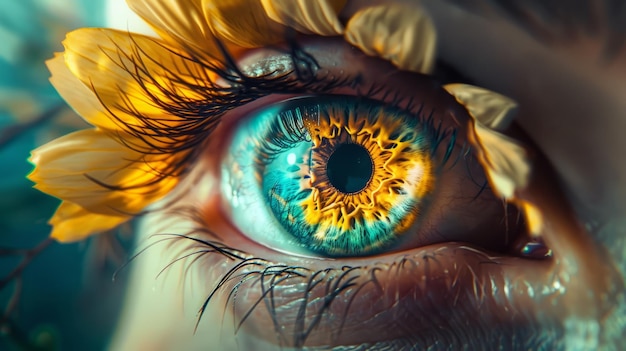 Belle femme aux yeux bleus avec des fleurs jaunes