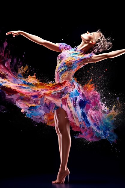 La belle femme de ballet gracieuse dans une robe magnifiquement peinte effectue une photographie de danse