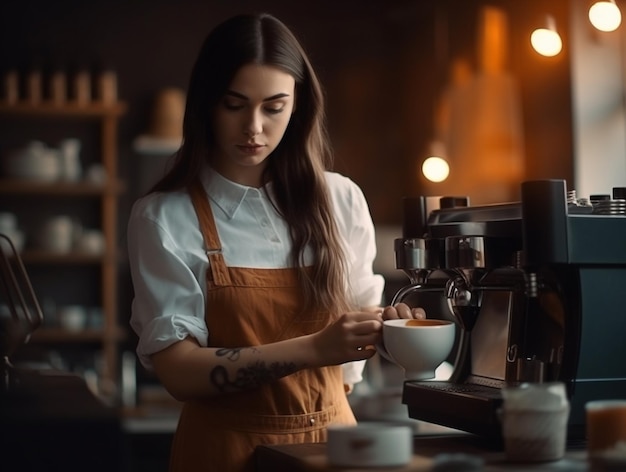 Photo belle femme barista faire du café en action généré par l'ia
