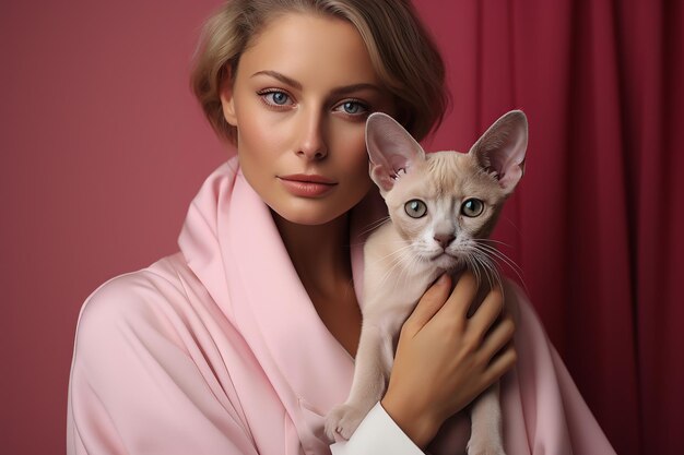 une belle femme blanche caucasienne embrassant un chat sphynx sur un fond rose