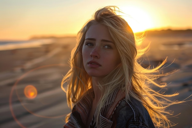 Photo une belle femme blonde de 25 ans à la plage au coucher du soleil.