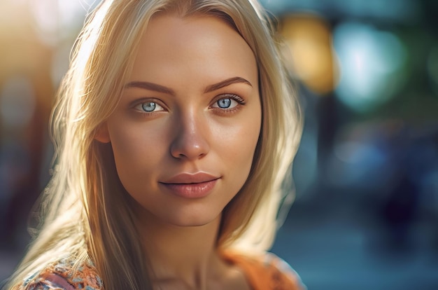 Photo une belle femme blonde adulte une beauté féminine aux yeux bleus dans la rue génère ai