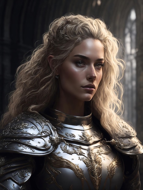 une belle femme blonde avec une armure médiévale argentée générée par l'IA